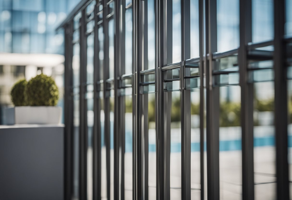 A modern, sleek balcony railing design with geometric patterns and clean lines. The railing is made of metal or glass, providing a contemporary and minimalist look