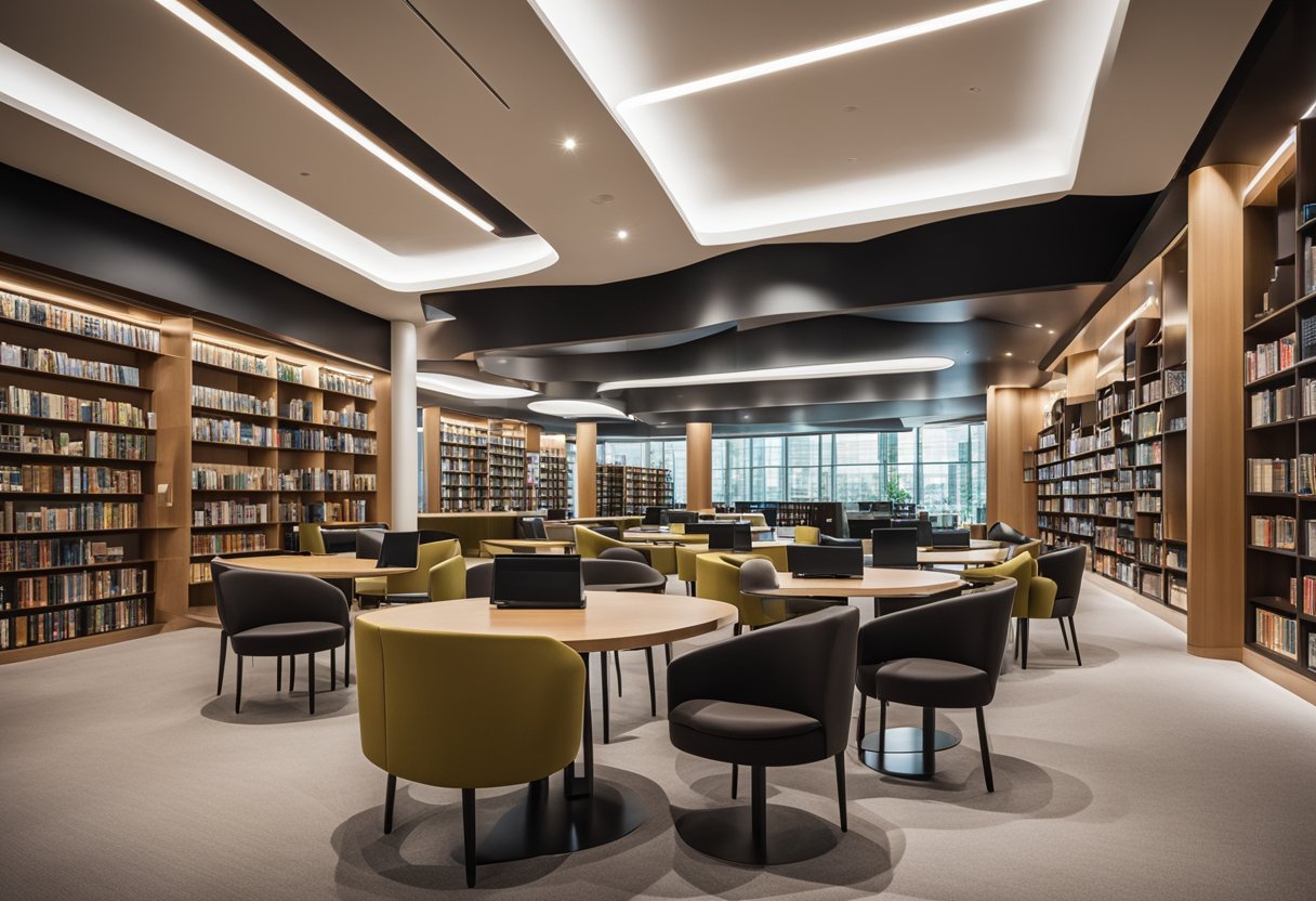 A modern library with sleek furniture in Singapore. Shelves neatly organized, comfortable seating, and a help desk