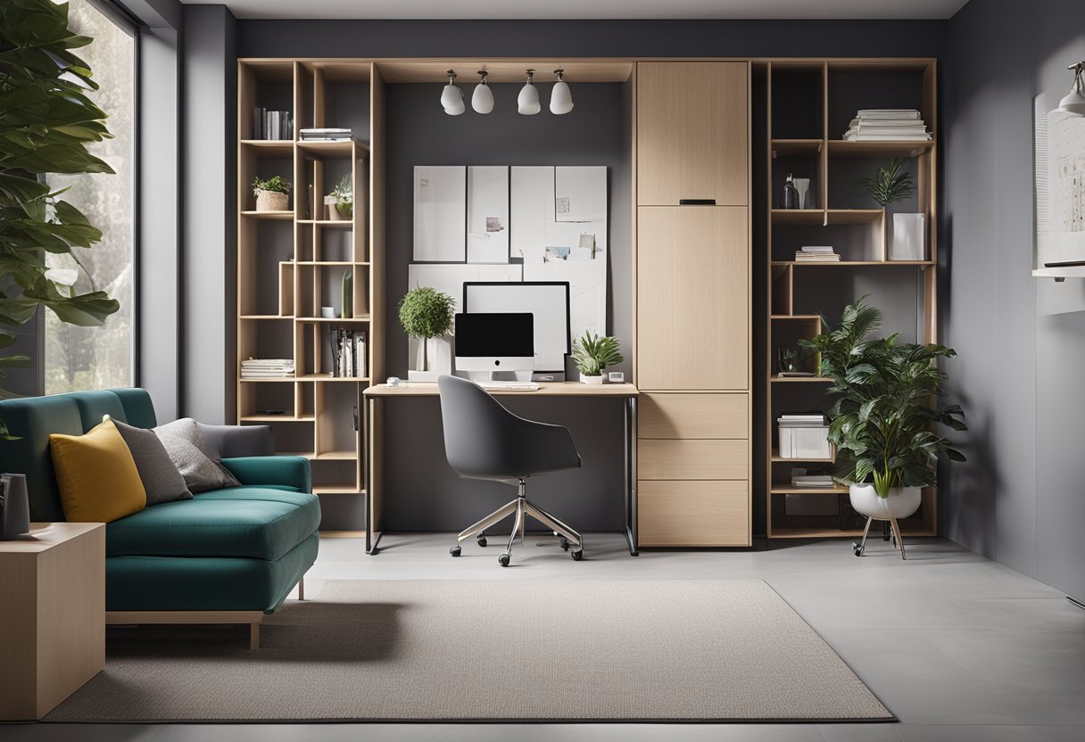 A small, minimalist office space with multifunctional furniture, clever storage solutions, and pops of color to add style without breaking the budget