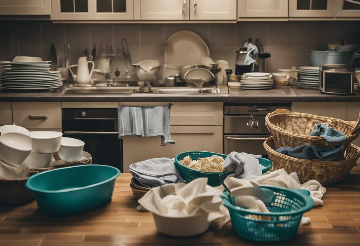 A cluttered kitchen with piles of unwashed dishes and overflowing laundry baskets. Stained countertops and a dusty floor complete the unkempt scene