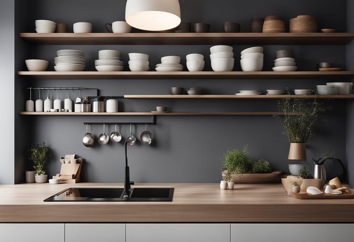 A sleek, uncluttered kitchen with clean lines and neutral colors. Open shelves display minimalist dishware. A large island with a simple, unadorned countertop