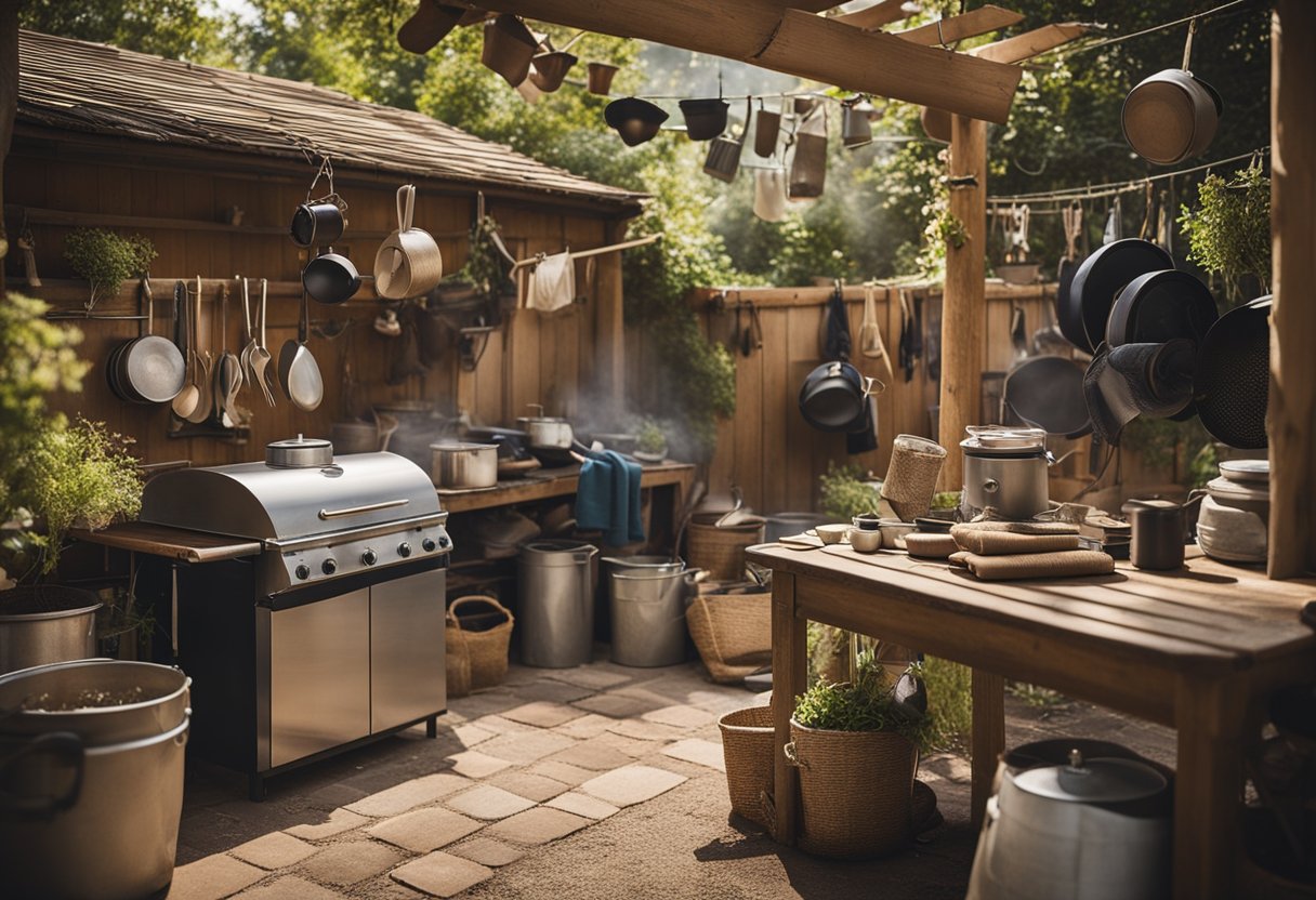 A cluttered, outdoor kitchen with a wood-burning stove, hanging pots, and utensils. Adjacent, a laundry area with a washtub, clothesline, and hanging laundry
