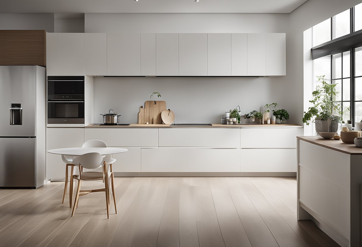 A clean, uncluttered kitchen with sleek, modern appliances and minimalistic decor. White and neutral tones dominate the space, with clean lines and unadorned surfaces creating a sense of simplicity and elegance