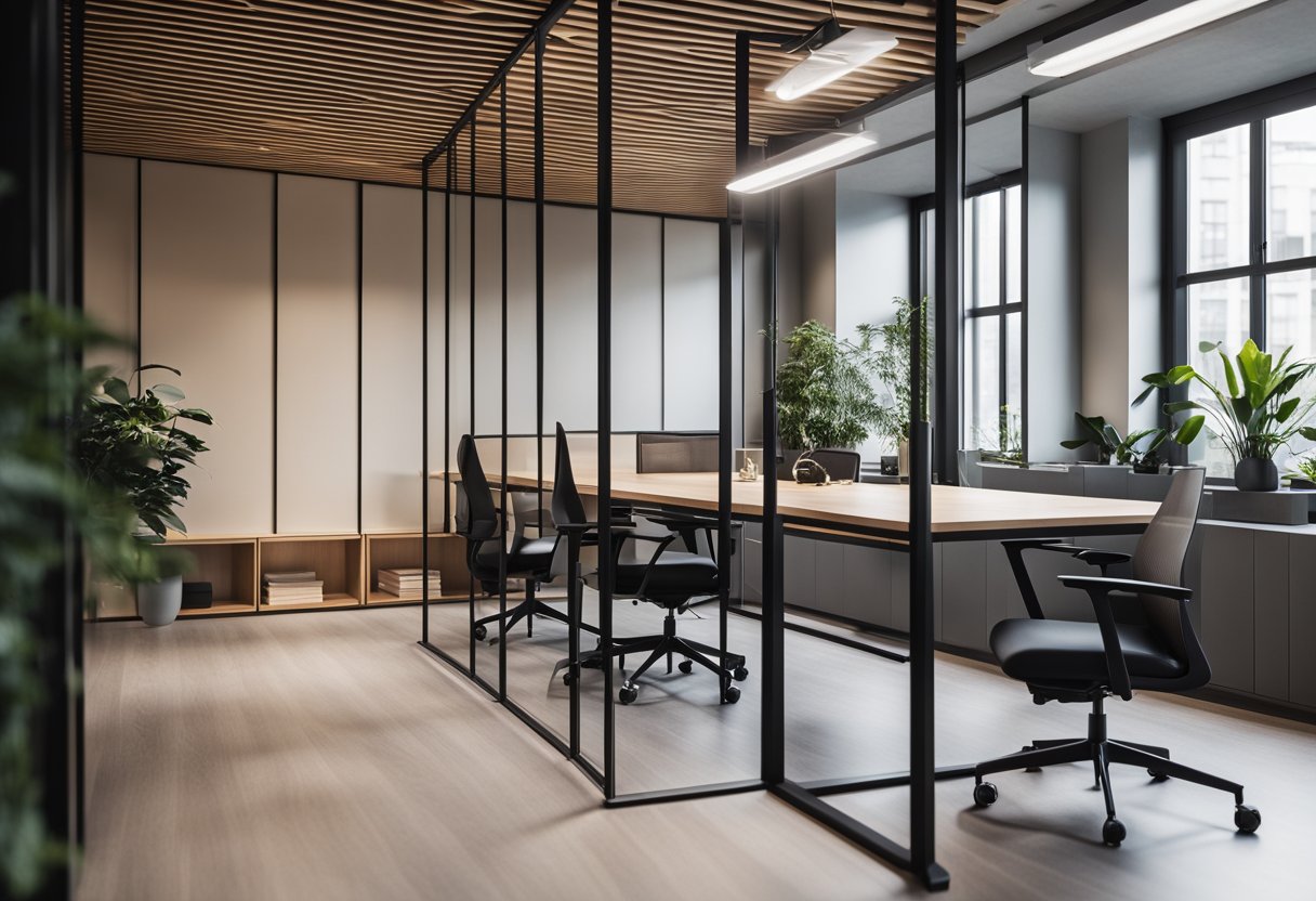 A small office with sleek partition design, clean lines, and modern materials. Minimalist furniture and ample natural light