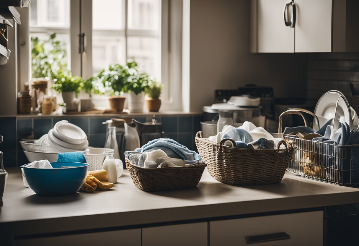 A cluttered kitchen with dirty dishes and overflowing laundry baskets