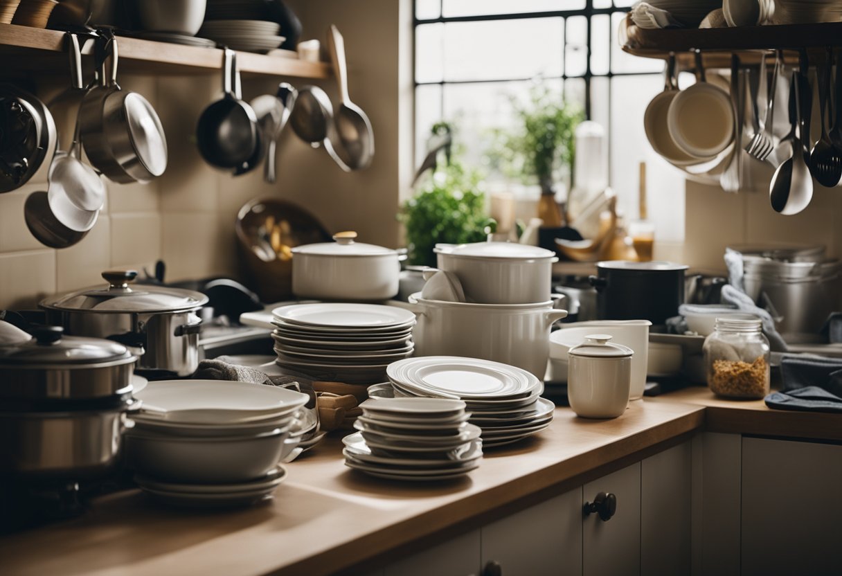 A cluttered kitchen with overflowing dishes, scattered utensils, and dirty laundry piled up in the corner