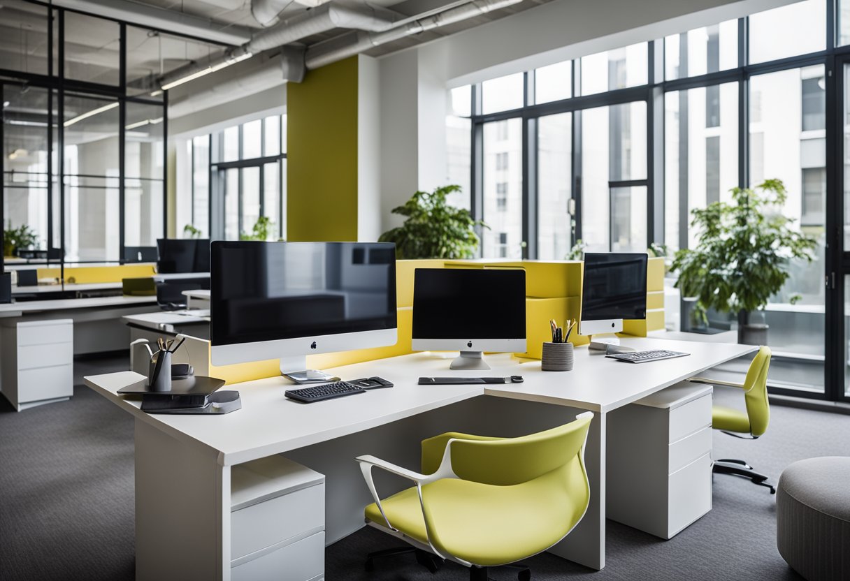 A modern office space with sleek furniture, organized workstations, and pops of color. Efficient storage solutions and stylish decor create a professional yet welcoming environment