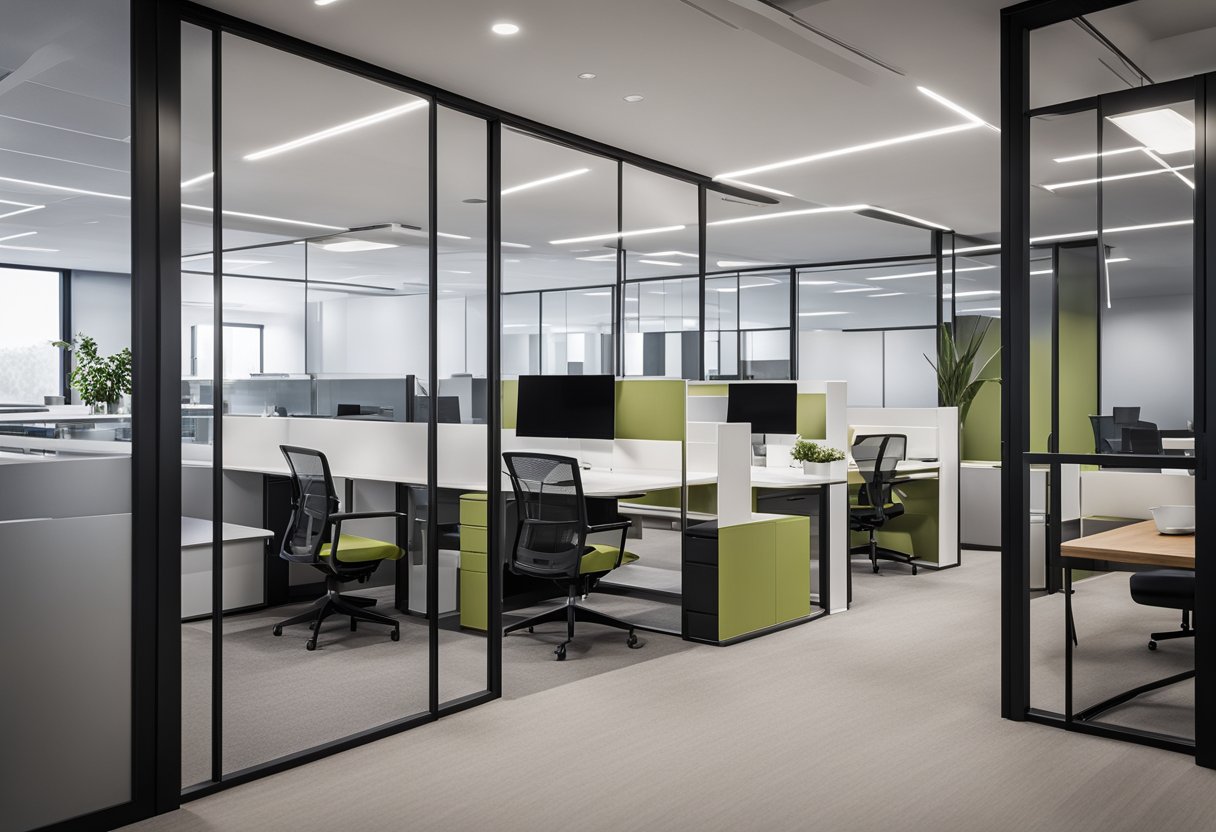 A sleek, modern office space with innovative partition designs separating work areas. Clean lines and minimalist design create a professional and functional environment