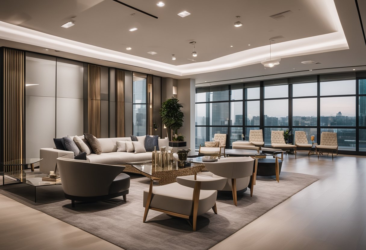 Modern furniture displayed in well-lit, spacious showroom. Clean lines, sleek designs, and luxurious materials. Sophisticated ambiance with minimalist decor