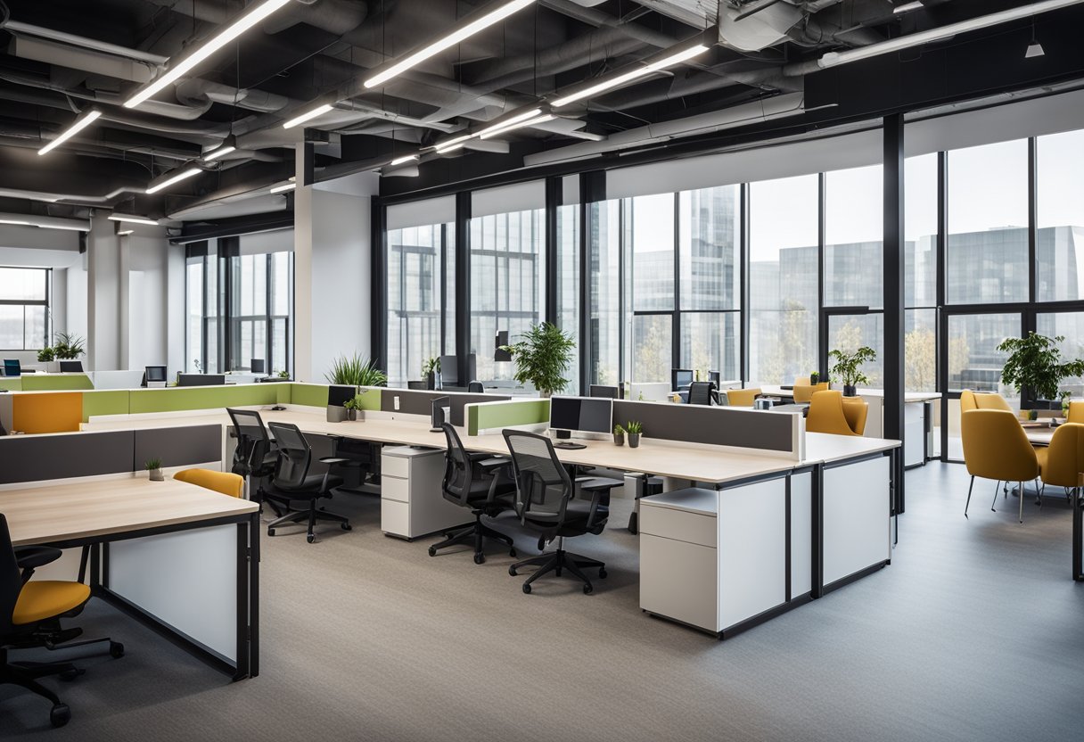 An open office space with modular partitions, adjustable desks, and flexible seating arrangements. Natural light streams in through large windows, creating a bright and dynamic work environment