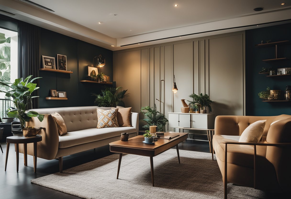A cozy living room with Logan retro furniture in Singapore. Vintage armchairs, a sleek coffee table, and a retro sofa create a stylish and inviting space