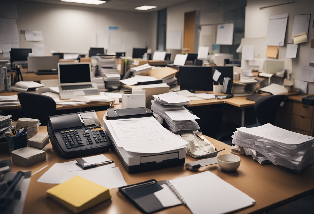 A cluttered office space with limited lighting, mismatched furniture, and disorganized paperwork. A small whiteboard with scribbled notes and a crowded desk with overflowing supplies