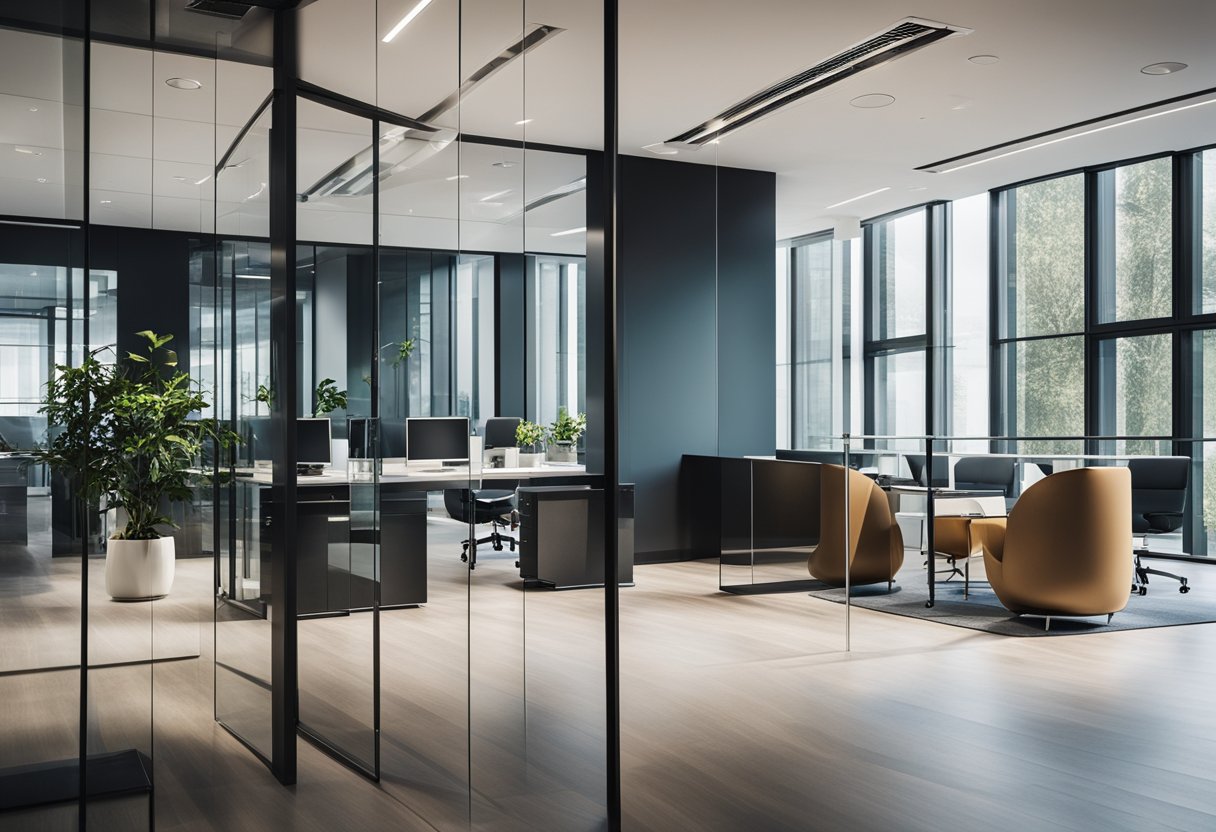 A modern office space with sleek, glass partitions, clean lines, and minimalistic design. The space exudes professionalism and efficiency