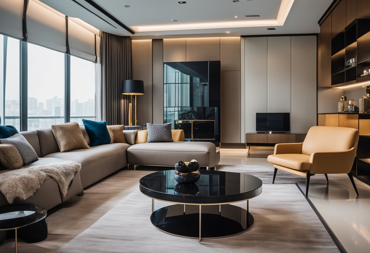 A modern living room with sleek designer furniture in a Singapore showroom. Clean lines, bold colors, and luxurious materials create a sophisticated atmosphere
