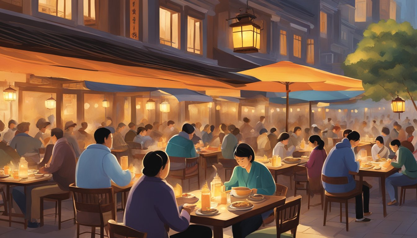 Tables fill the bustling square, each adorned with steaming dishes. Lanterns cast a warm glow, as patrons chat and savor the aroma of sizzling woks