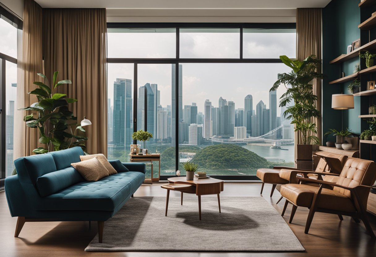 A modern living room with Logan retro furniture, showcasing sustainable and stylish design, set against a backdrop of urban Singapore