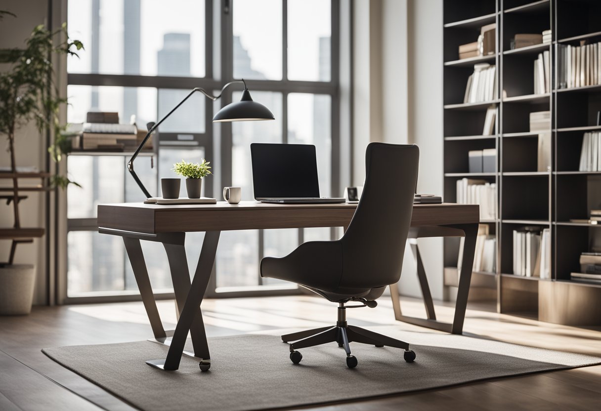 A sleek desk with modern chair, bookshelves, and large windows with natural light streaming in. A minimalist color scheme and stylish decor complete the look