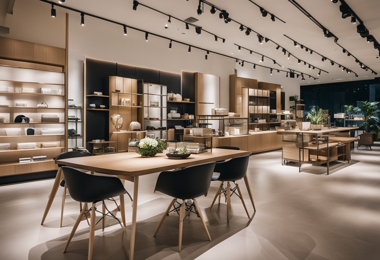 A modern furniture store in Singapore with sleek designs, minimalist decor, and a variety of high-quality pieces on display