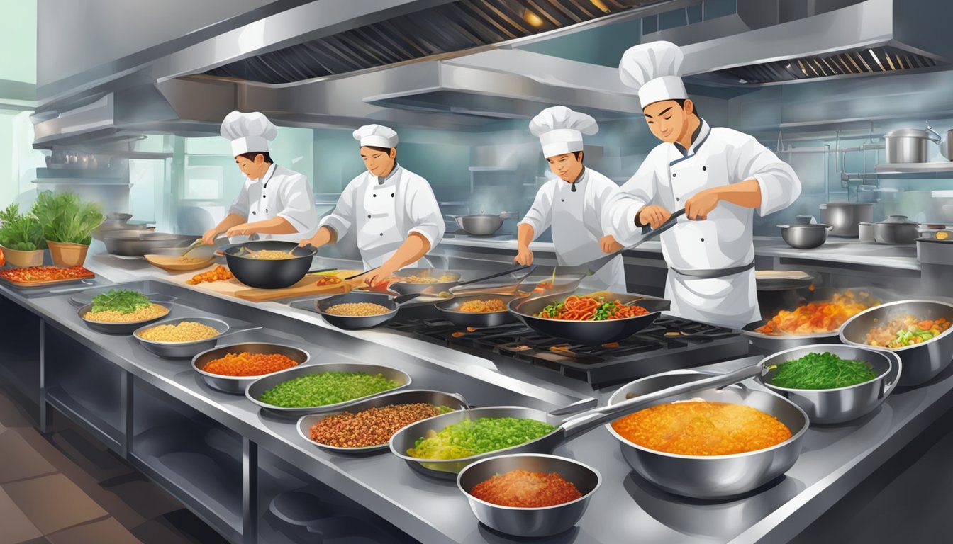 A bustling restaurant kitchen with sizzling woks, colorful ingredients, and aromatic spices, as chefs skillfully prepare a variety of tantalizing dishes