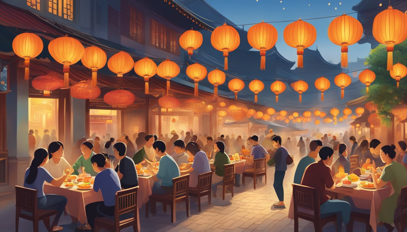 People dining at outdoor tables surrounded by colorful Chinese lanterns and bustling street vendors, with the aroma of sizzling stir-fry and steaming dumplings filling the air