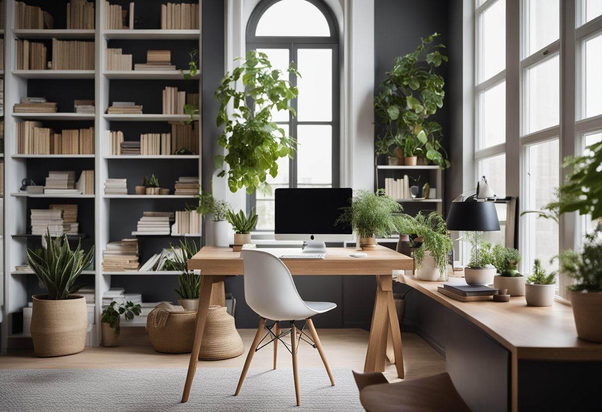 A sleek desk with a modern chair, surrounded by shelves of books and plants. Large windows let in natural light, with a cozy rug on the floor