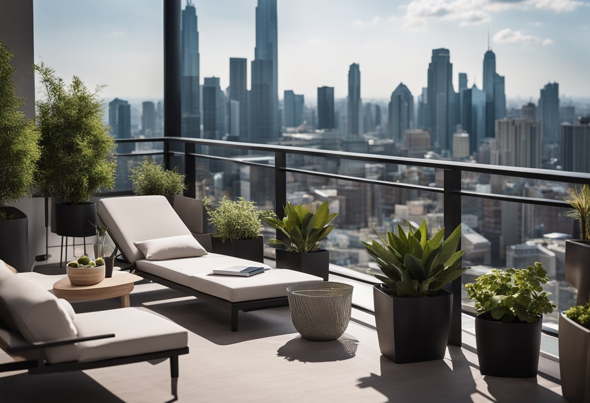 A modern condo balcony with sleek furniture, potted plants, and a city skyline view