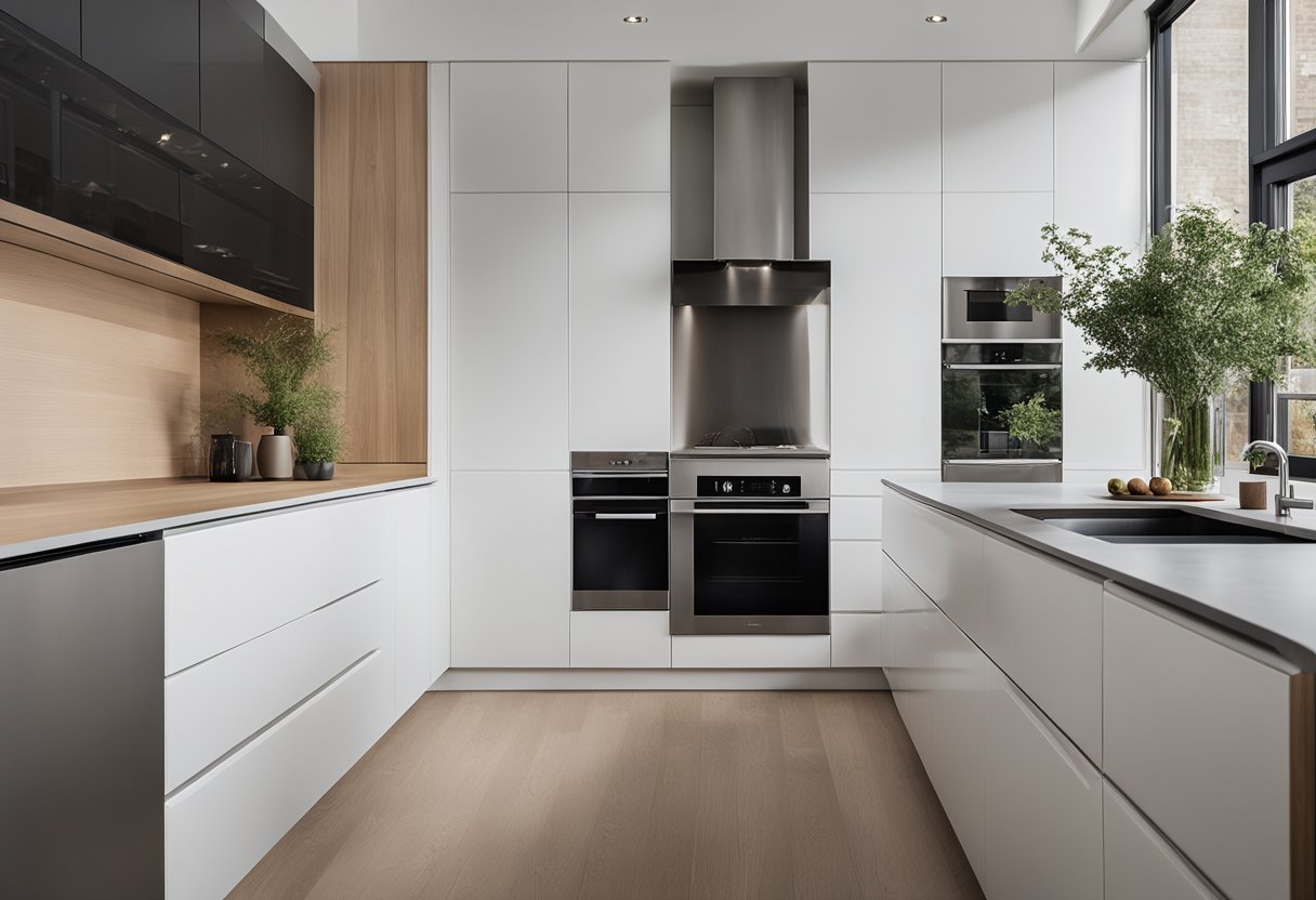 A sleek, minimalist kitchen with clean lines, integrated appliances, and a neutral color palette. The space features high-quality materials such as stainless steel, glass, and wood, with ample storage and functional design elements