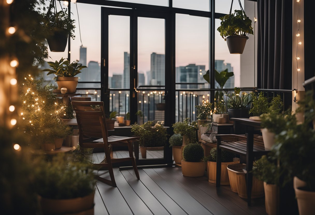 A cozy condo balcony with potted plants, comfortable seating, and string lights creating a warm and inviting atmosphere