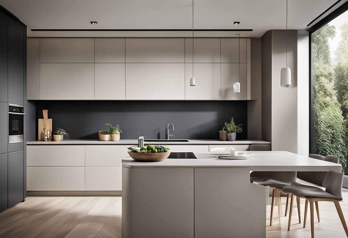 Sleek, handle-less cabinets, integrated appliances, and minimalist design with clean lines and neutral color palette