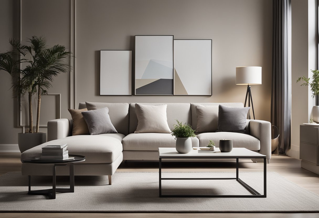 A sleek, minimalist living room with clean lines and neutral colors. A modern sofa, coffee table, and floor lamp create a stylish and inviting space