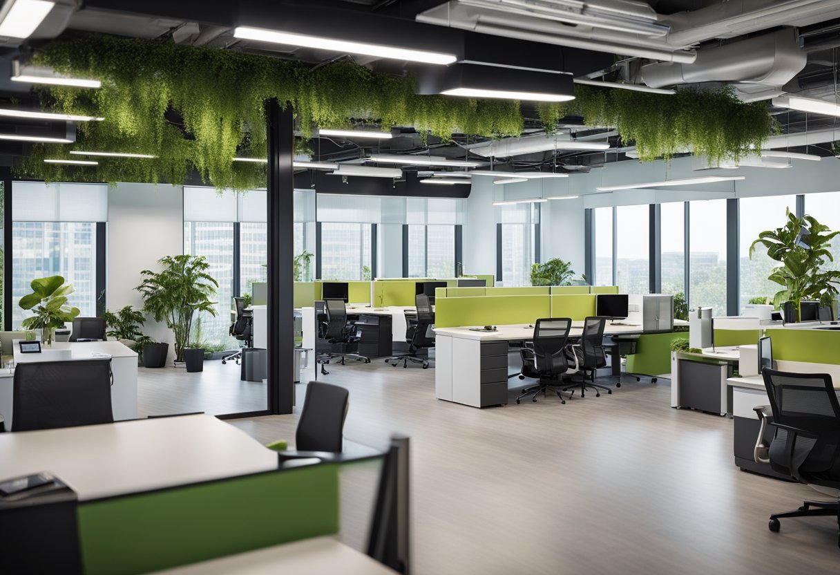 Modern HR office with open floor plan, ergonomic furniture, natural lighting, and vibrant greenery. Glass partitions separate workstations, and a central meeting area features a large conference table and whiteboard