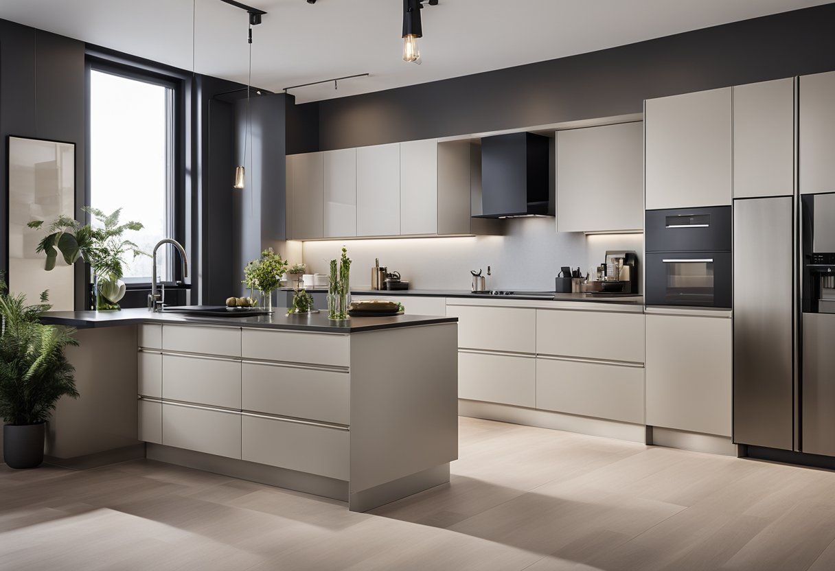 A sleek, minimalist kitchen with high-end appliances and clean lines. Sleek cabinetry, integrated lighting, and a neutral color palette exude modern German design