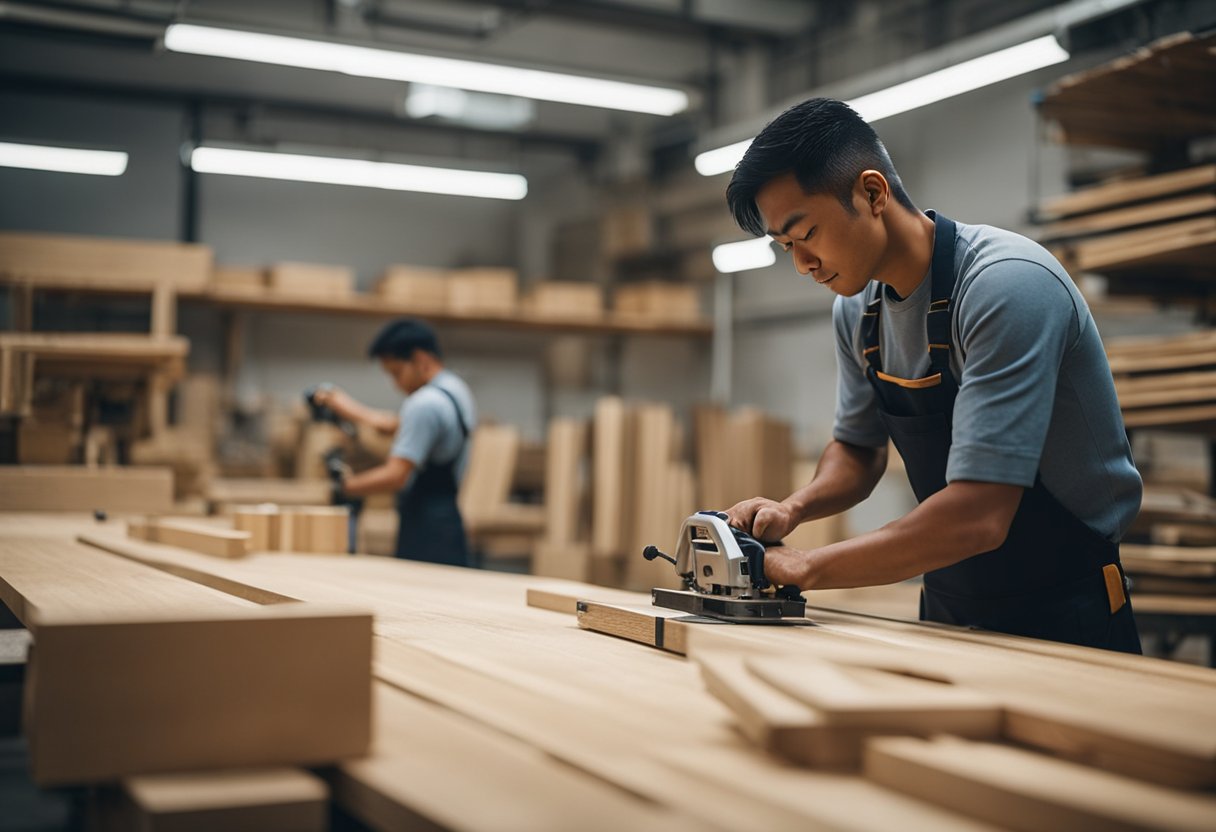 A craftsman carefully measures and cuts wood, assembling custom furniture in a spacious, well-lit workshop in Singapore