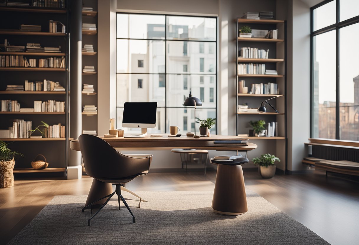 A sleek desk with modern decor, large windows letting in natural light, and a cozy reading nook with a plush chair and stylish bookshelves