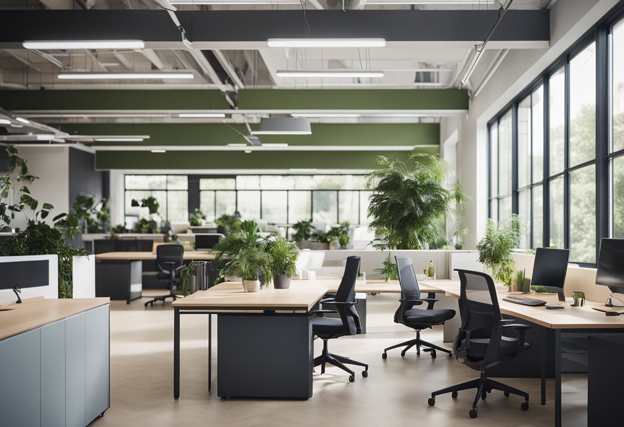 A bright, open office space with ergonomic furniture, natural lighting, and greenery. A mix of private and collaborative work areas, with calming colors and noise-reducing elements