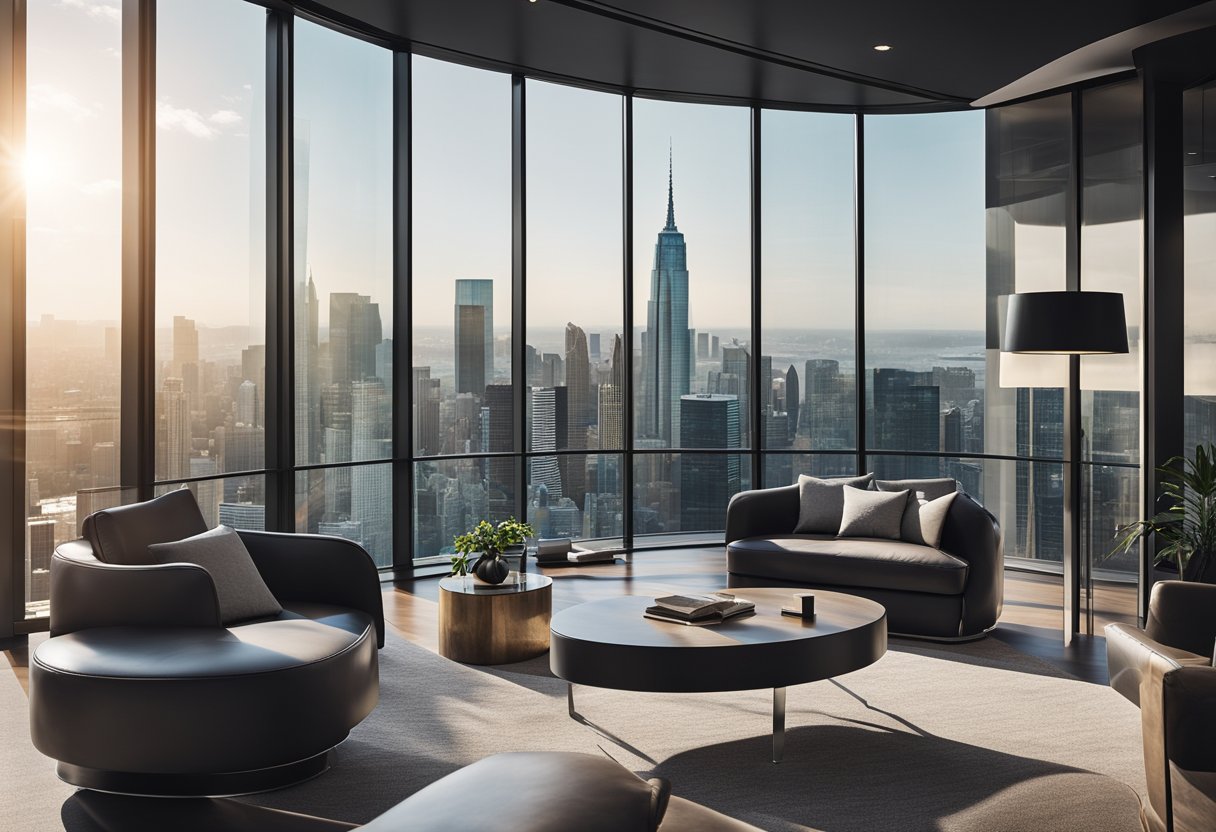 Sleek glass walls, minimalist furniture, high-tech gadgets, and a panoramic city view create an ultra modern office design