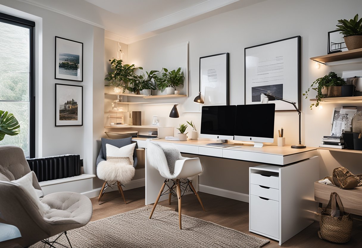 A modern home office with sleek furniture, ample natural light, and vibrant accents. A stylish desk with organizational accessories and a cozy reading nook complete the inviting space
