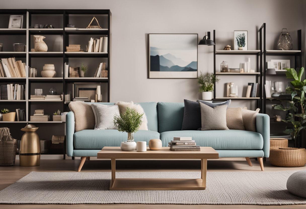 A cozy living room with modern furniture, a sleek sofa, and a stylish coffee table. A bookshelf filled with books and decorative items