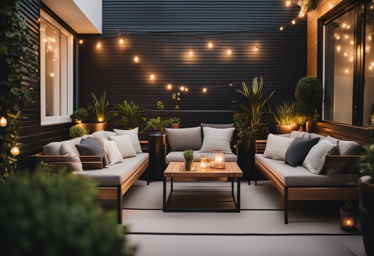 A cozy condo balcony with a sleek outdoor sofa, potted plants, and string lights creating a warm and inviting atmosphere
