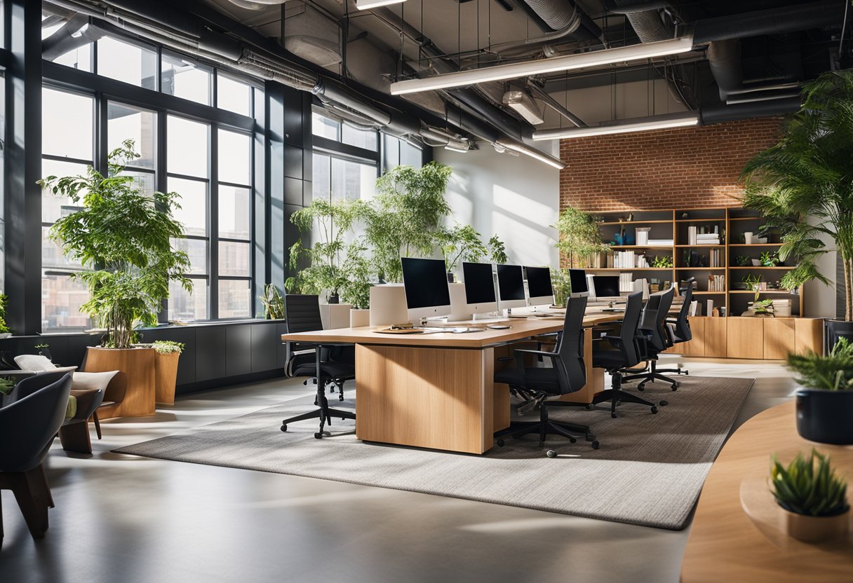 An open, light-filled office space with collaborative work areas, natural elements, and vibrant colors to promote positivity and productivity