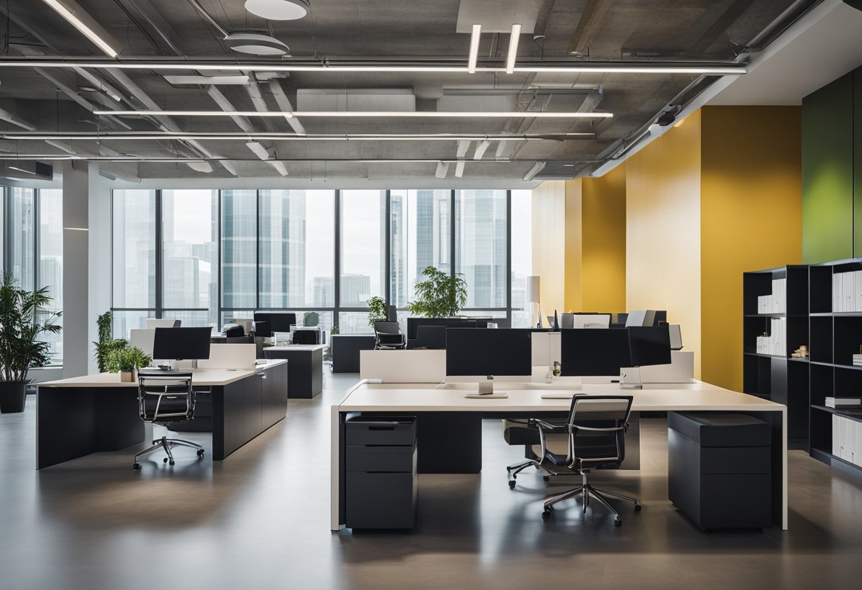 Sleek, minimalist furniture fills the open space. Floor-to-ceiling windows flood the room with natural light, highlighting the clean lines and bold colors of the ultra modern office design
