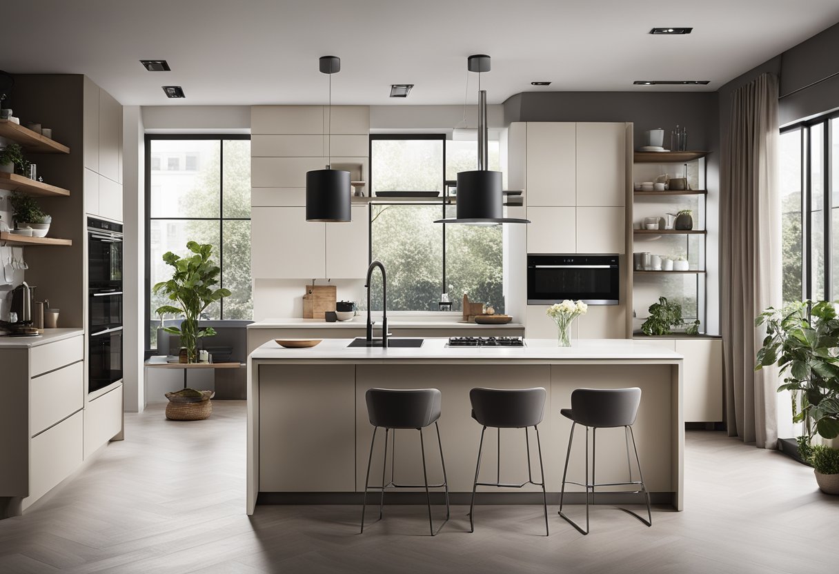 A sleek, minimalist kitchen with clean lines and high-tech appliances. A large central island with integrated storage and seating. Neutral color palette with pops of bold, modern accents