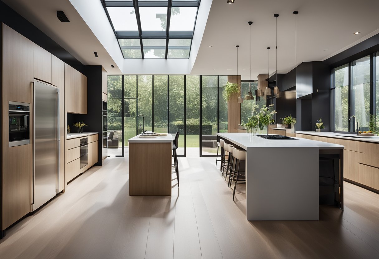 A spacious open concept kitchen with sleek modern cabinets, a large central island, and integrated appliances. Natural light floods in from the wide windows, illuminating the clean, minimalist design