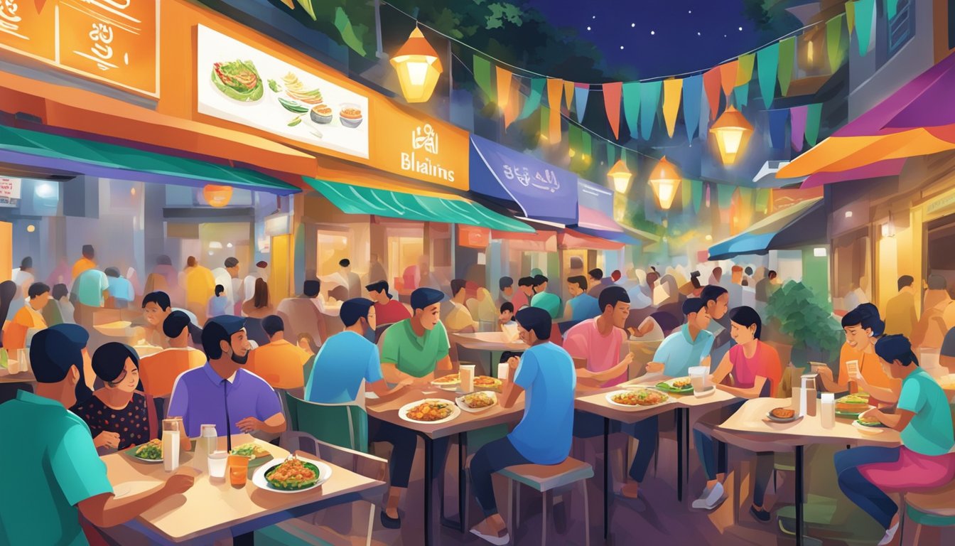 People enjoying diverse halal dishes at Geylang's bustling restaurants, with vibrant colors and aromas filling the air