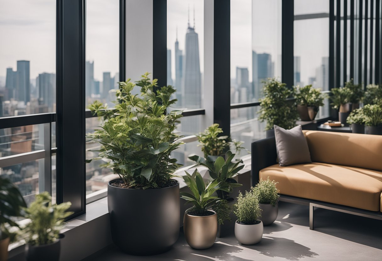 A modern condo balcony with sleek furniture, potted plants, and a city skyline in the background