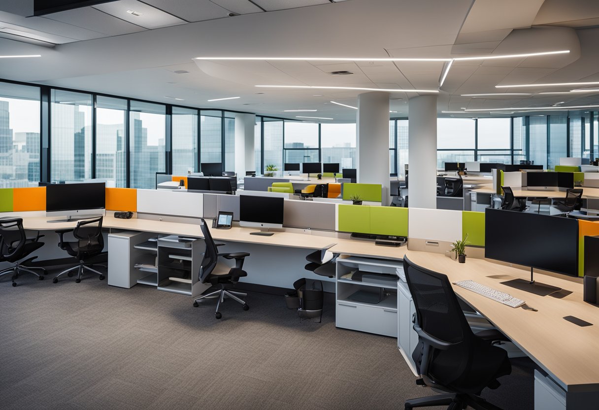 An open-concept office with sleek furniture, natural lighting, and vibrant pops of color. Glass walls create collaborative spaces, while high-tech equipment and ergonomic workstations promote productivity