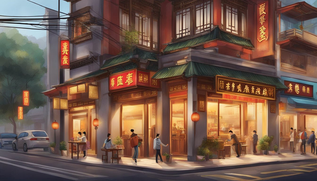 A bustling street corner, a red and gold sign reading "Hua Yi Restaurant" in elegant Chinese characters, with the aroma of sizzling stir-fry wafting from the open doorway