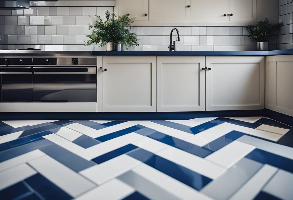 A geometric pattern of blue and white tiles arranged in a herringbone design on a kitchen floor