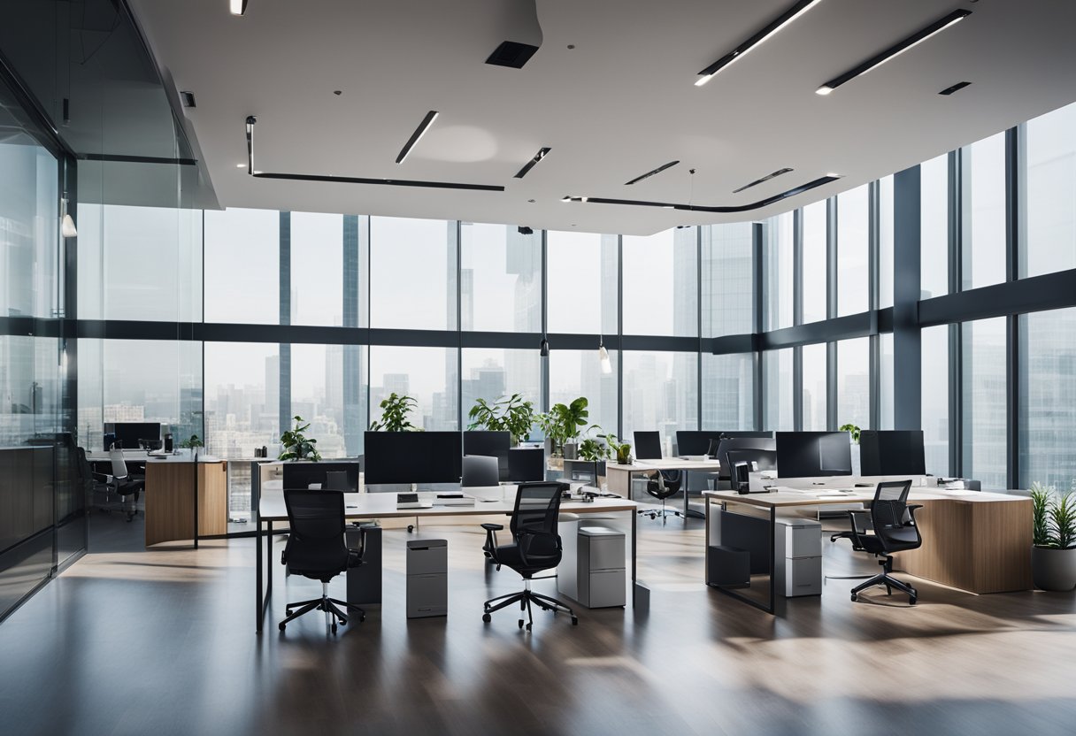 An open-concept office with sleek glass walls, minimalist furniture, and high-tech workstations. A central meeting area with stylish decor and natural lighting