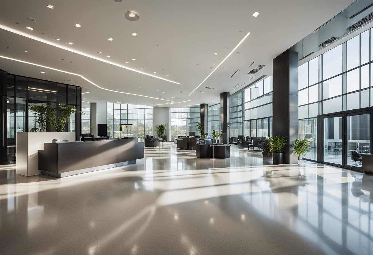 A modern office lobby with sleek furniture, a reception desk, and a large abstract art piece on the wall. Natural light filters in through floor-to-ceiling windows, creating a bright and welcoming atmosphere